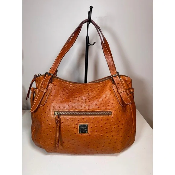 Dooney & Bourke Nina Ostrich Embossed Leather Hobo Bag Cognac Tan Shoulder Purse - Picture 1 of 11